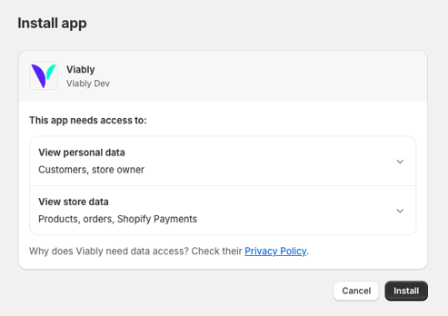 Install Viably via Shopify for a secure connection.