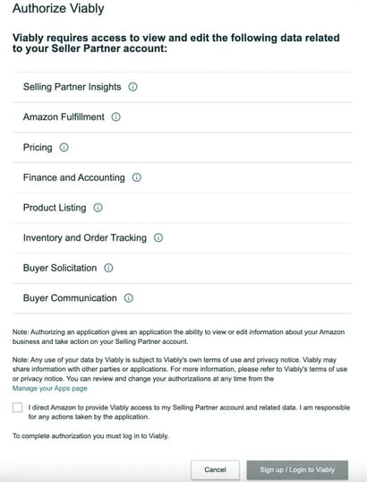 Authorize read-only access between Amazon Seller Central and Viably.