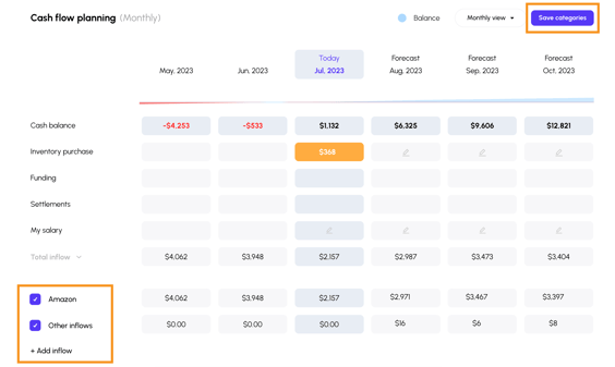 Easily remove or add categories to your cash flow planning in Viably.