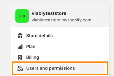 Navigate to Users and Permissions in Shopify to easily add Viably as a read-only user.