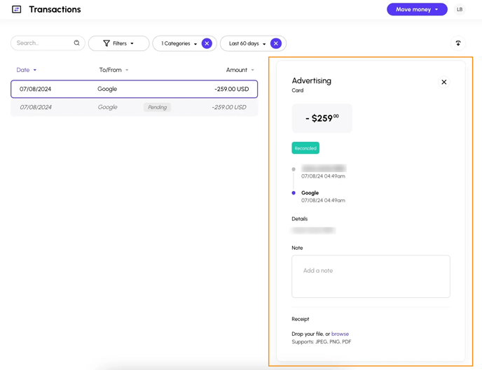 Get a detailed view of individual transactions within Viably Transactions.