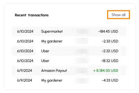 See money movement at a glance from your recent transactions on the Viably Accounts Dashboard