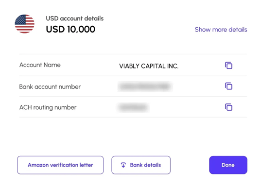 Review the account and routing number for a specified currency in your Viably Global Account.