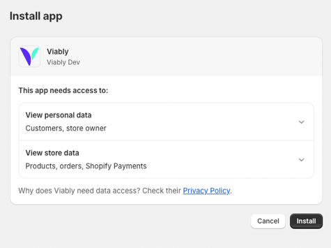 Securely connect Viably to Shopify to receive custom funding offers.