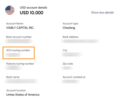 Review your Viably Global Account expanded details for ACH routing number information.