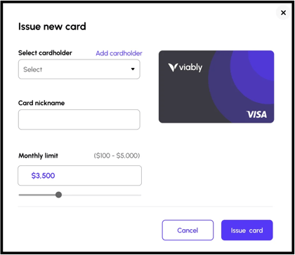 Customize your spending limits and nickname when issuing a new Viably debit card.