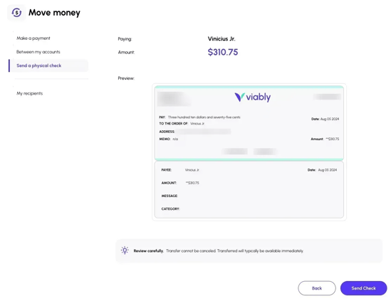 Issue a physical check from Viably to pay suppliers or vendors.