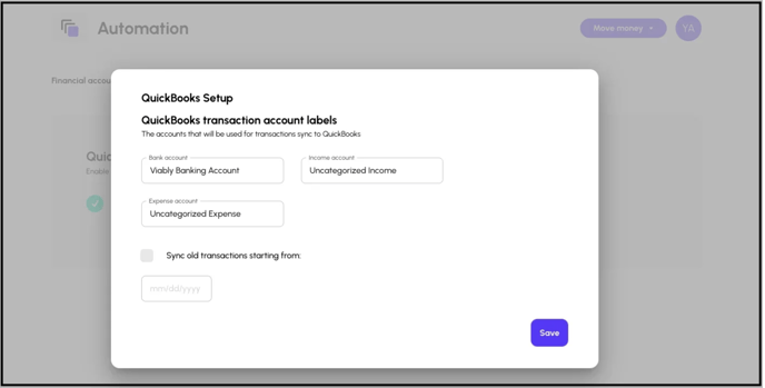 Once integrated, define your settings for your Quickbooks to Viably setup.